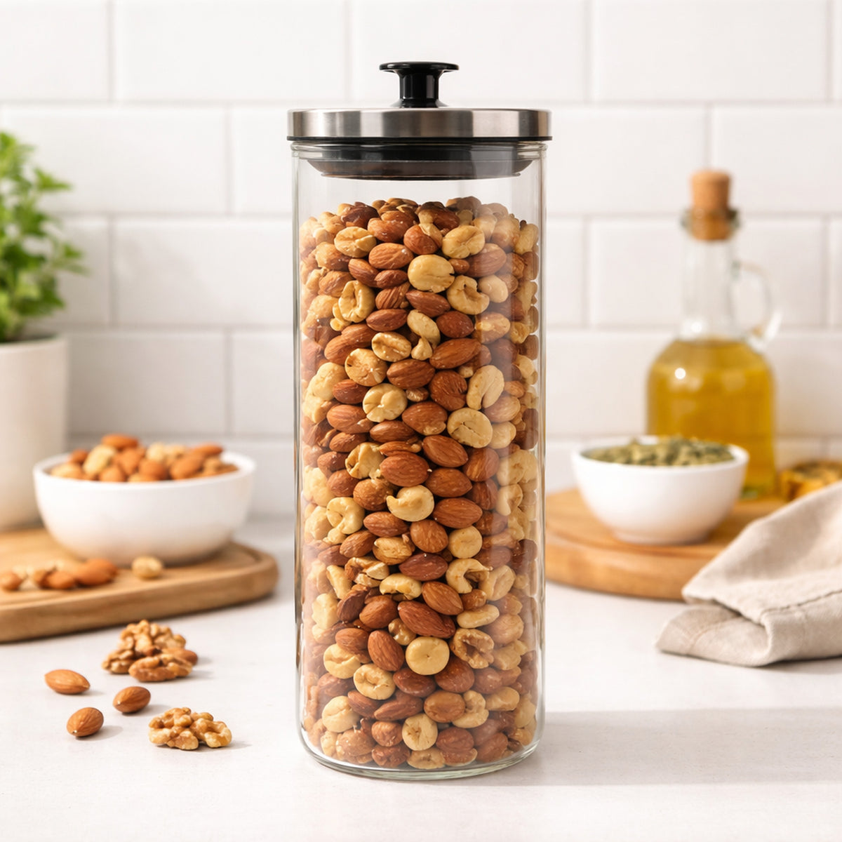 REGENT ROUND BOROCILICATE GLASS CANISTER WITH METAL LID AND BLACK KNOB, 1,7L