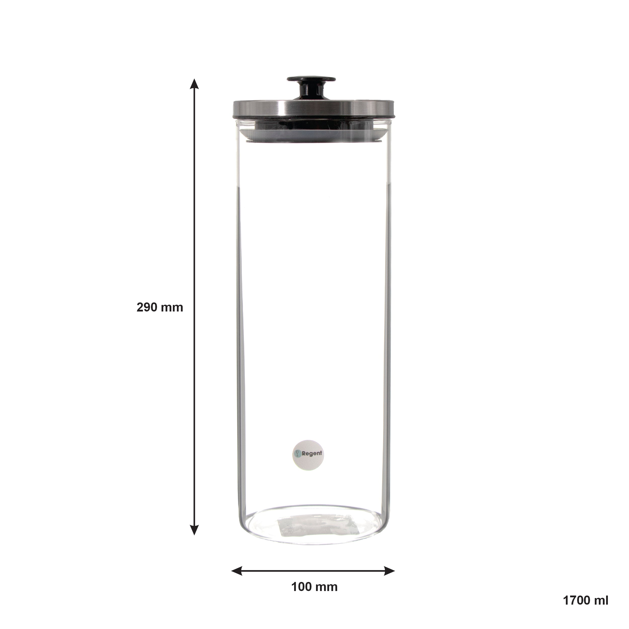 REGENT ROUND BOROCILICATE GLASS CANISTER WITH METAL LID AND BLACK KNOB, 1,7L
