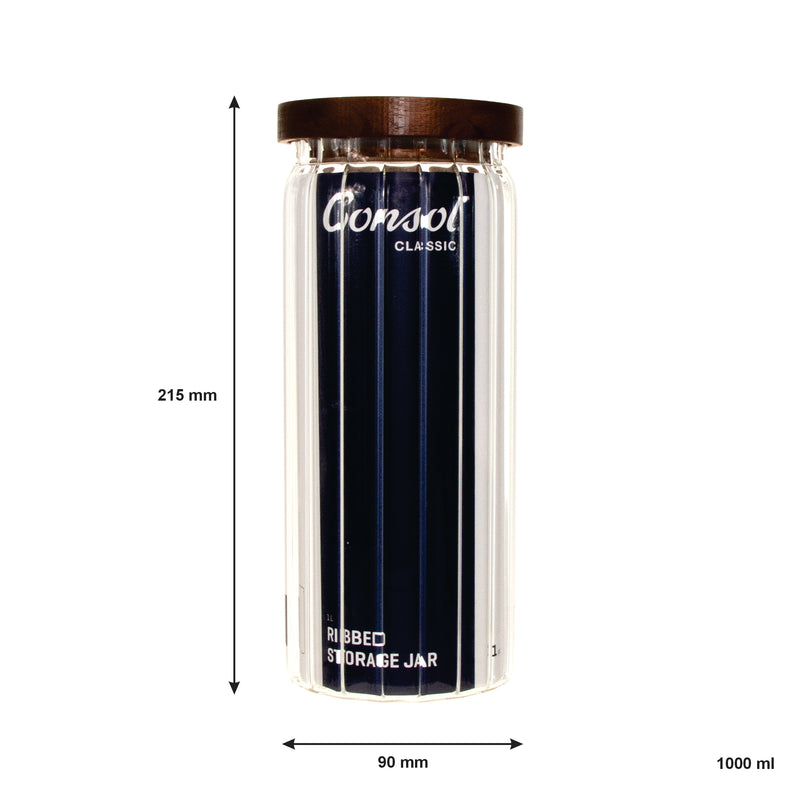 CONSOL ROUND RIBBED CANISTER WITH ACACIA LID, 1LT (215X90MM DIA)