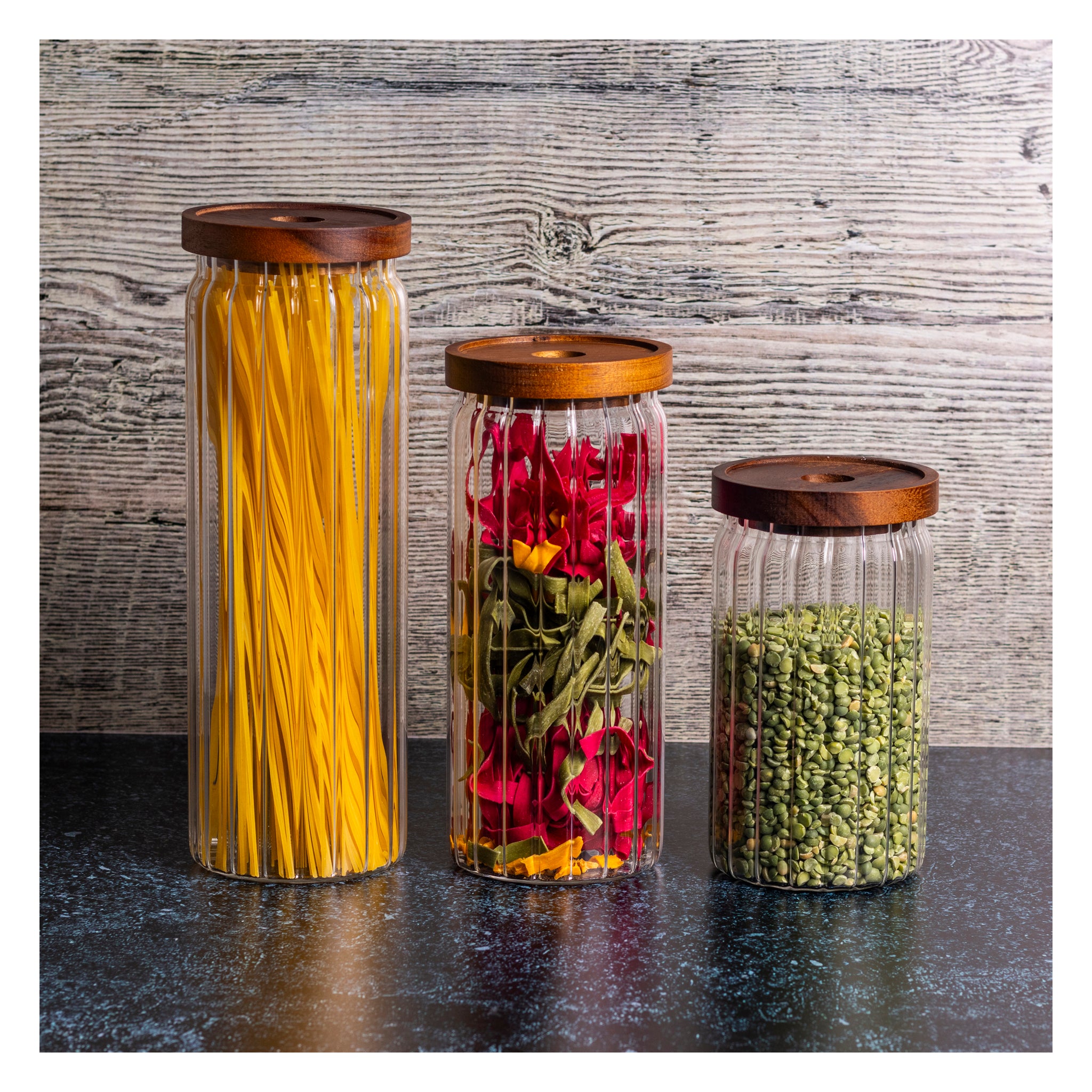 CONSOL ROUND RIBBED CANISTER WITH ACACIA LID, 1L