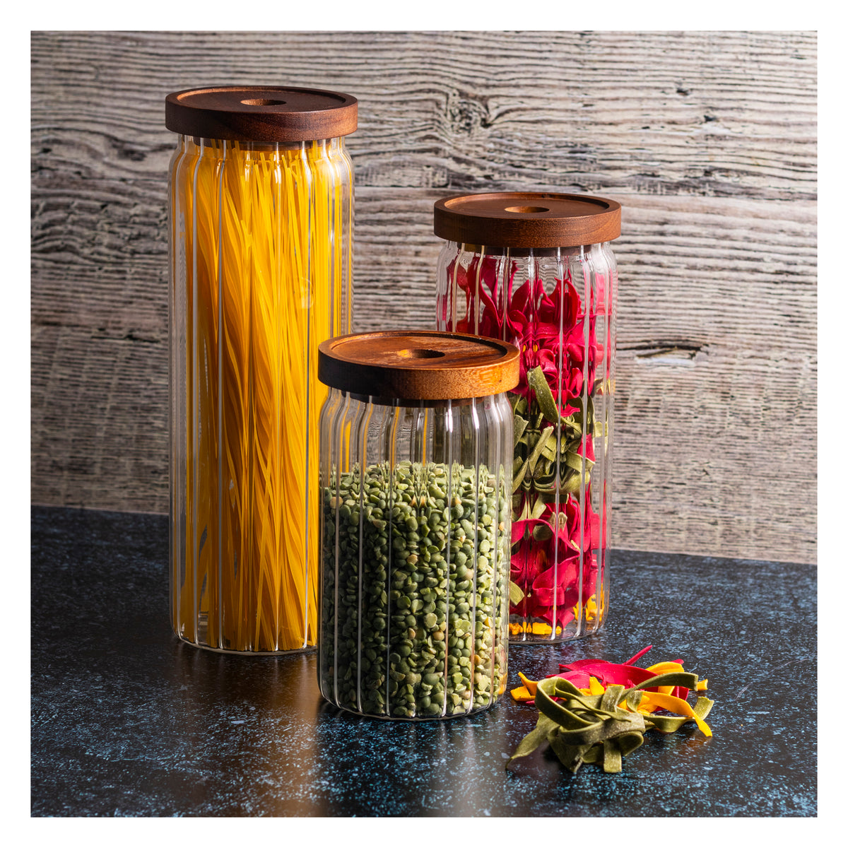 CONSOL ROUND RIBBED CANISTER WITH ACACIA LID, 1L