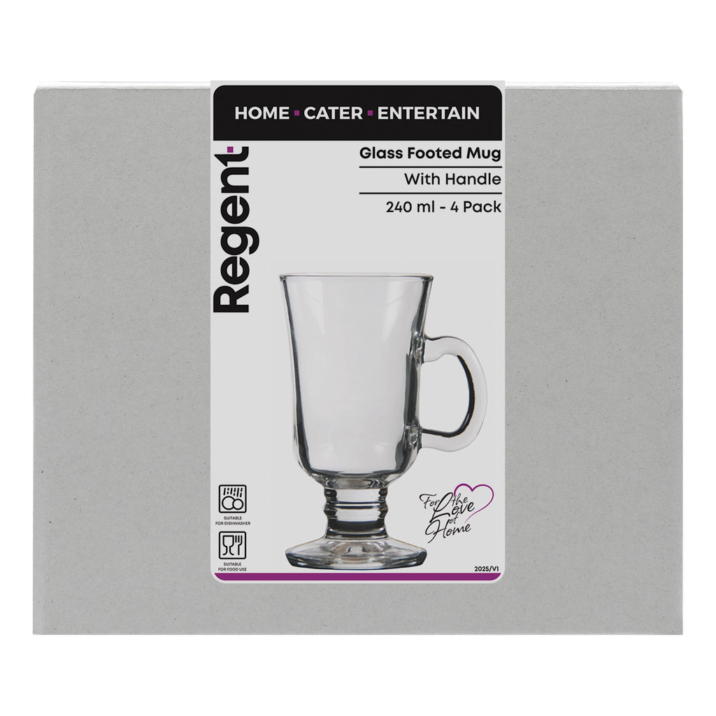 REGENT GLASS FOOTED MUGS WITH HANDLES 4PK, 240ML