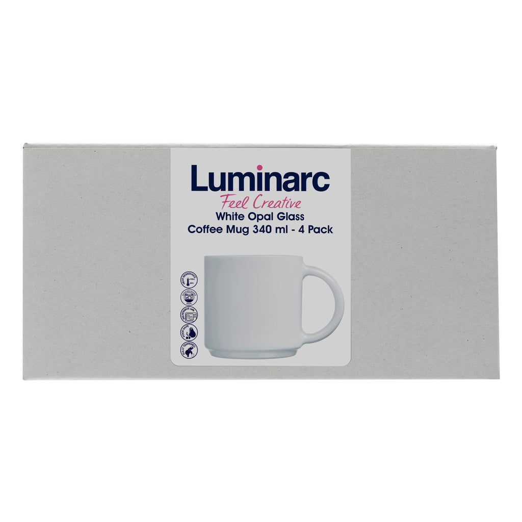 LUMINARC WHITE OPAL GLASS STACKING COFFEE MUGS 4PK, 340ML