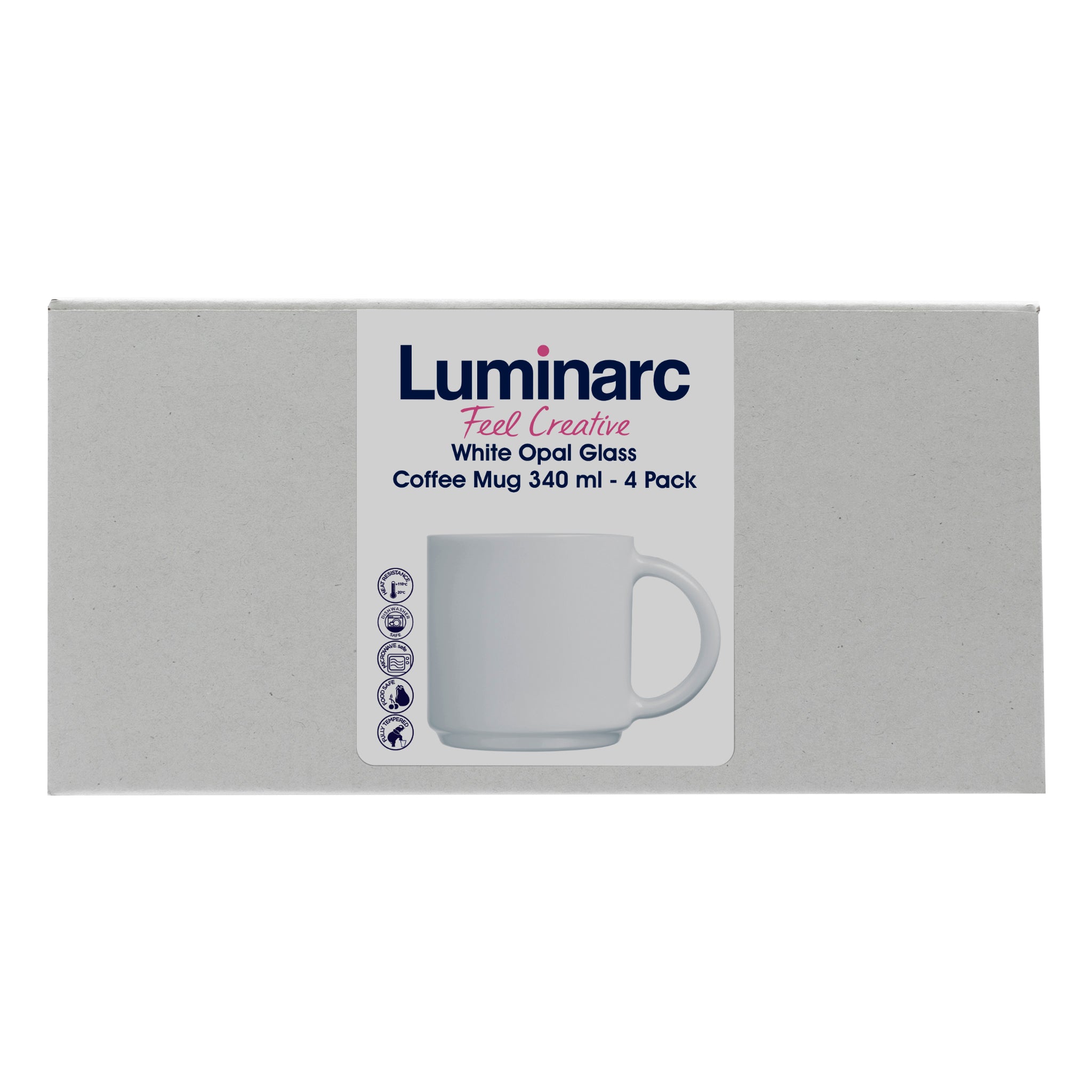 LUMINARC WHITE OPAL GLASS STACKING COFFEE MUGS 4PK, 340ML