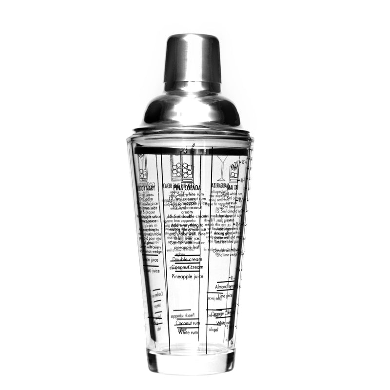 BAR BUTLER COCKTAIL SHAKER WITH 6 RECIPE MEASURES GLASS & ST STEEL, 400ML (85MM DIAX215MM)