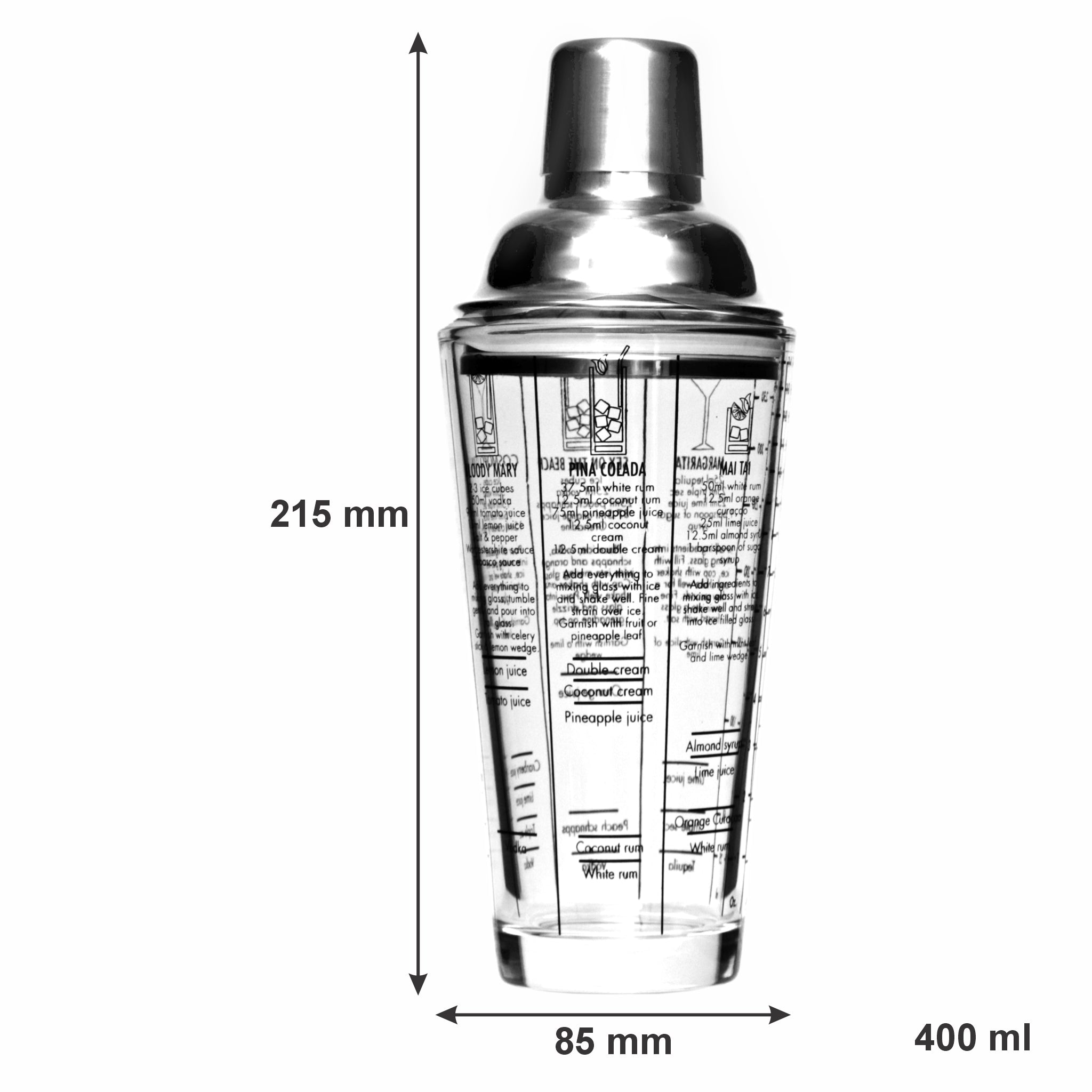 BAR BUTLER COCKTAIL SHAKER WITH 6 RECIPE MEASURES GLASS & ST STEEL, 400ML