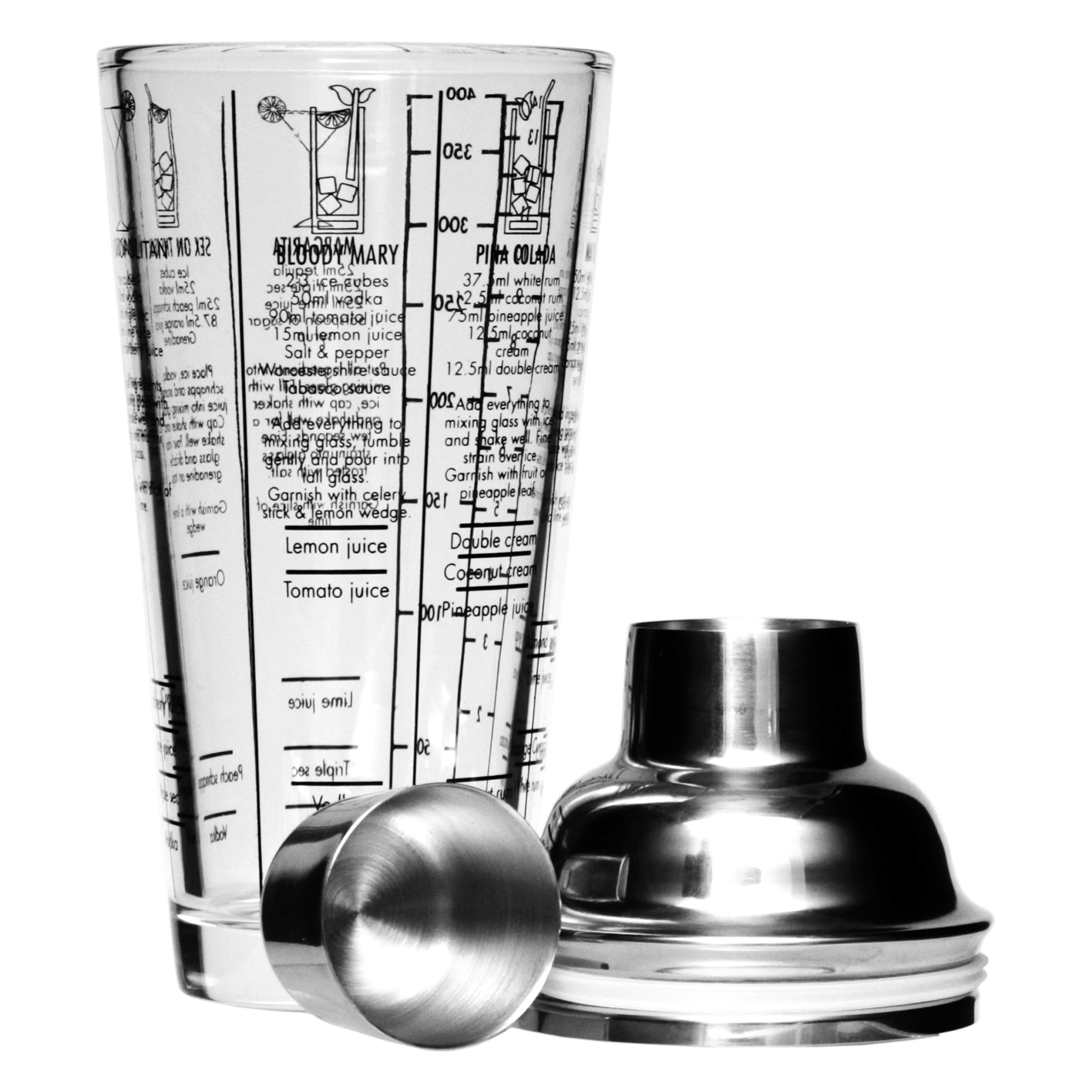 BAR BUTLER COCKTAIL SHAKER WITH 6 RECIPE MEASURES GLASS & ST STEEL, 400ML