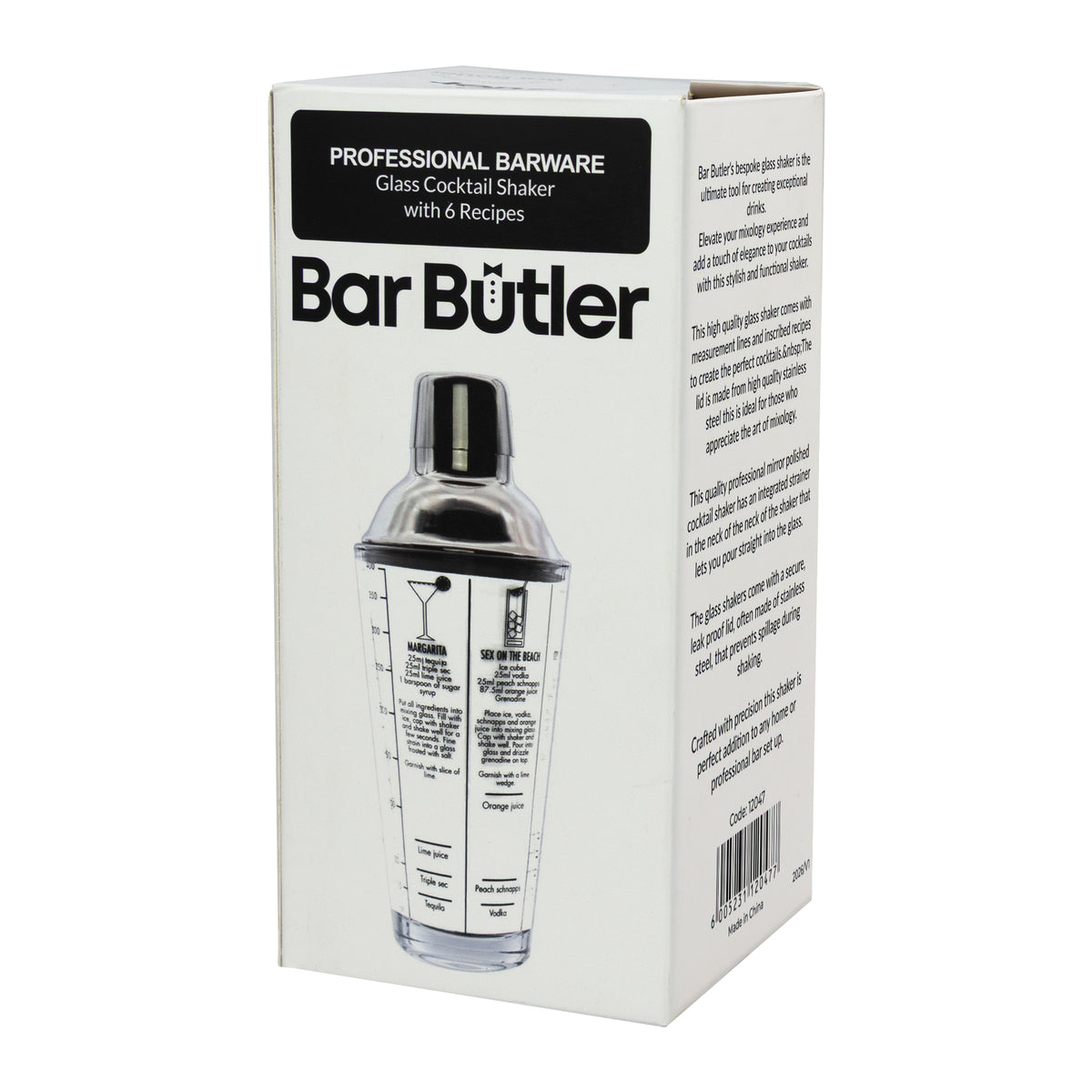 BAR BUTLER COCKTAIL SHAKER GLASS & ST STEEL WITH 6 RECIPE MEASURES, 400ML