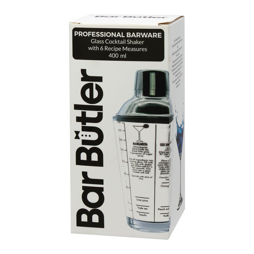 BAR BUTLER COCKTAIL SHAKER WITH 6 RECIPE MEASURES GLASS & ST STEEL, 400ML