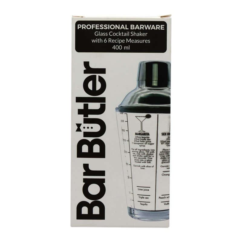 BAR BUTLER COCKTAIL SHAKER WITH 6 RECIPE MEASURES GLASS & ST STEEL, 400ML
