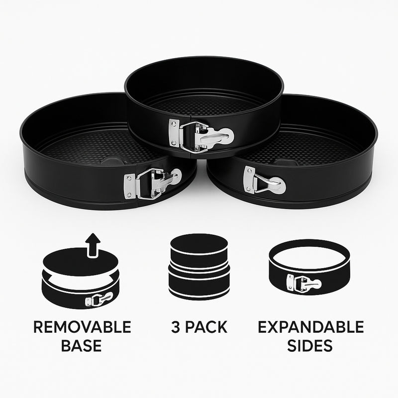 REGENT BAKEWARE SPRINGFORM ROUND NON STICK CAKE PANS 3PC SET, (240/260/280MM DIA x 70MM)
