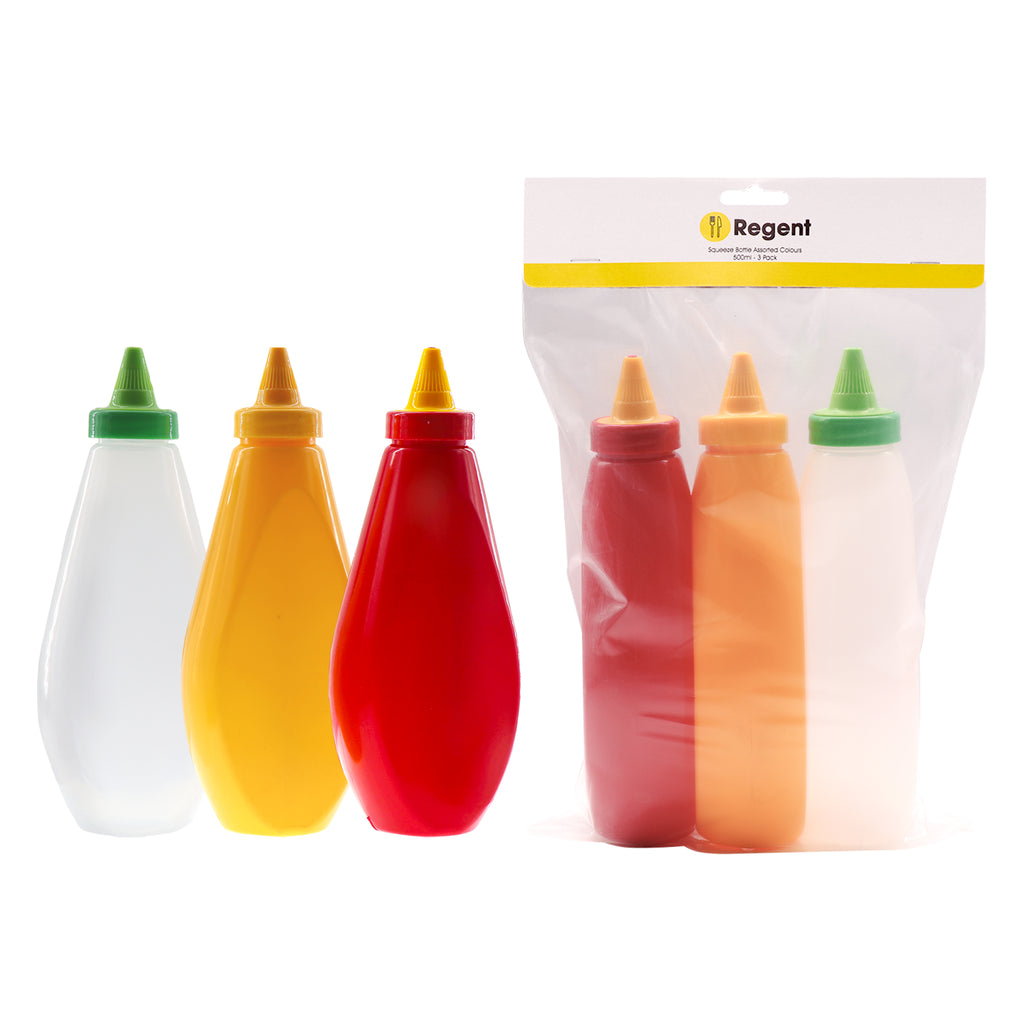 REGENT PLASTIC FLAT SQUEEZE BOTTLES ASST. COLOURS WITH CAPS 3PK, 500ML