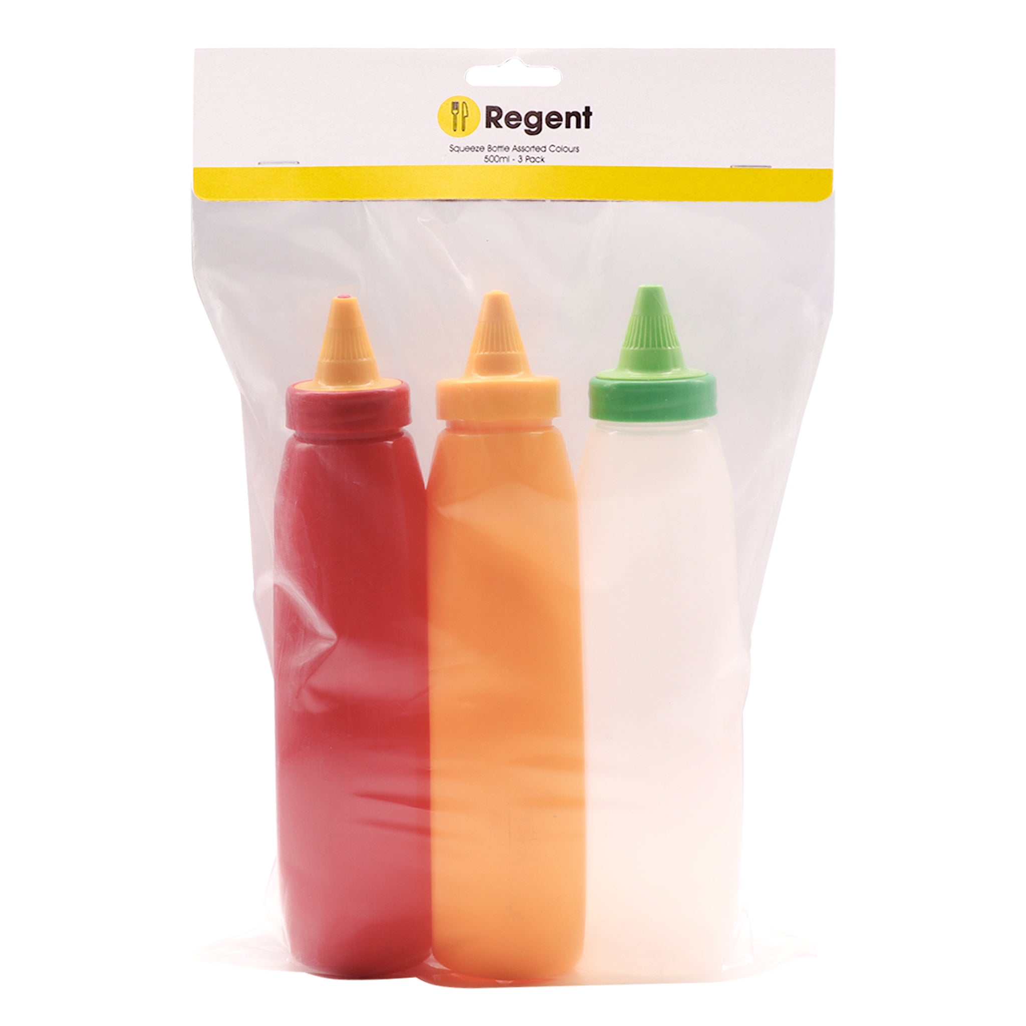 REGENT PLASTIC FLAT SQUEEZE BOTTLES ASST. COLOURS WITH CAPS 3PK, 500ML
