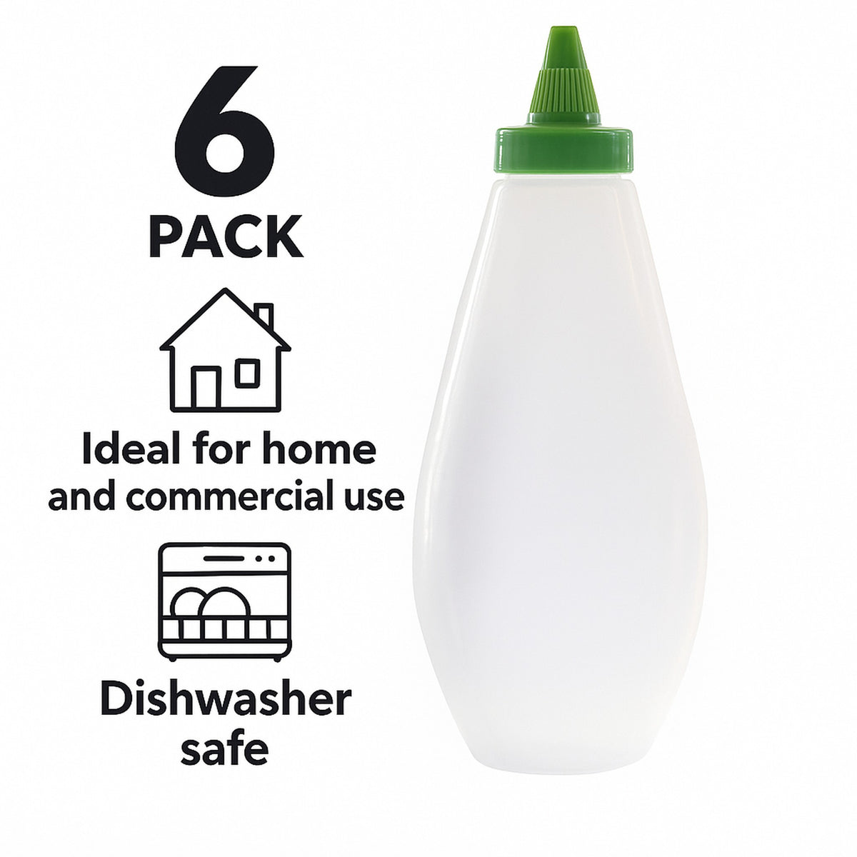 REGENT PLASTIC FLAT SQUEEZE BOTTLE OPAQUE WITH GREEN WITCH HAT CAP 6PK, 500ML