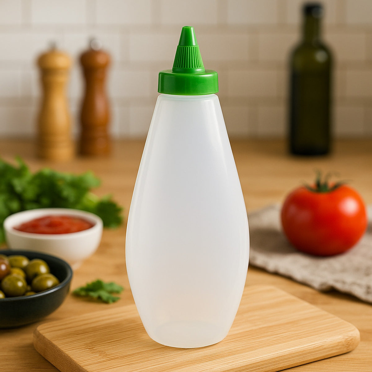 REGENT PLASTIC FLAT SQUEEZE BOTTLE OPAQUE WITH GREEN WITCH HAT CAP 6PK, 500ML