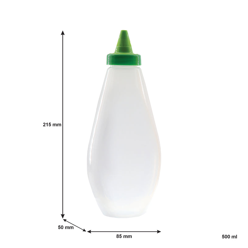 REGENT PLASTIC FLAT SQUEEZE BOTTLE NATURAL WITH GREEN WITCH HAT CAP 6 PACK, 500ML (140X80X215MM)