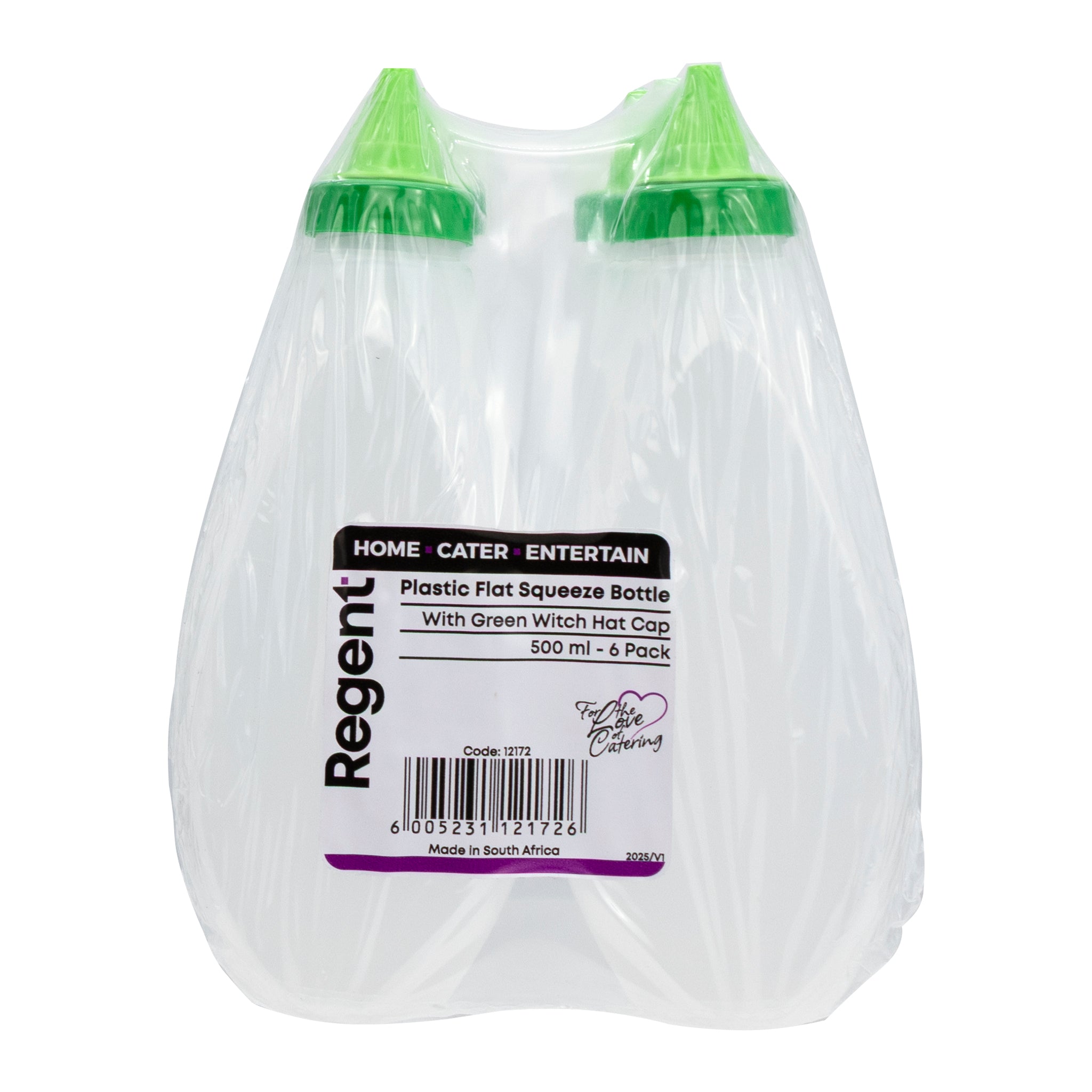 REGENT PLASTIC FLAT SQUEEZE BOTTLE OPAQUE WITH GREEN WITCH HAT CAP 6PK, 500ML