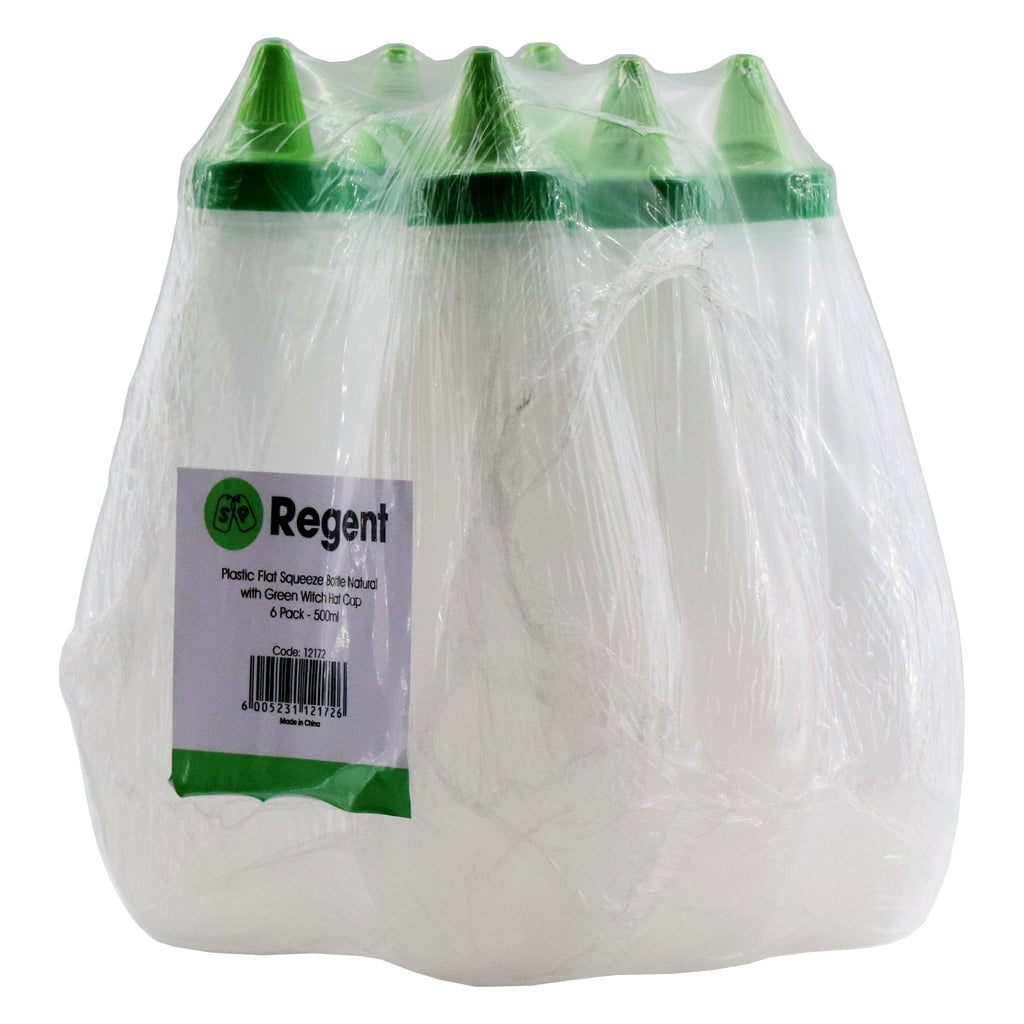 REGENT PLASTIC FLAT SQUEEZE BOTTLE NATURAL WITH GREEN WITCH HAT CAP 6 PACK, 500ML (140X80X215MM)