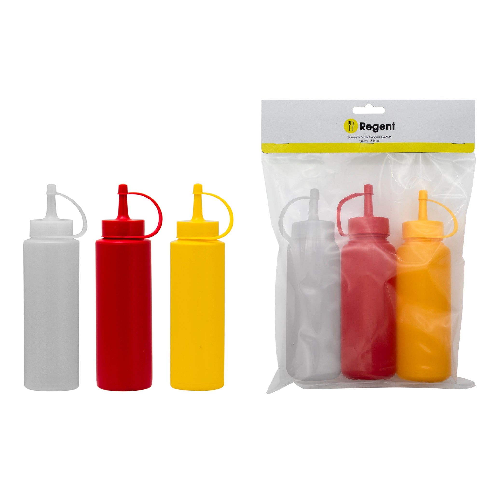 REGENT ROUND PLASTIC SAUCE BOTTLE ASST. COLOURS 3PK, 250ML