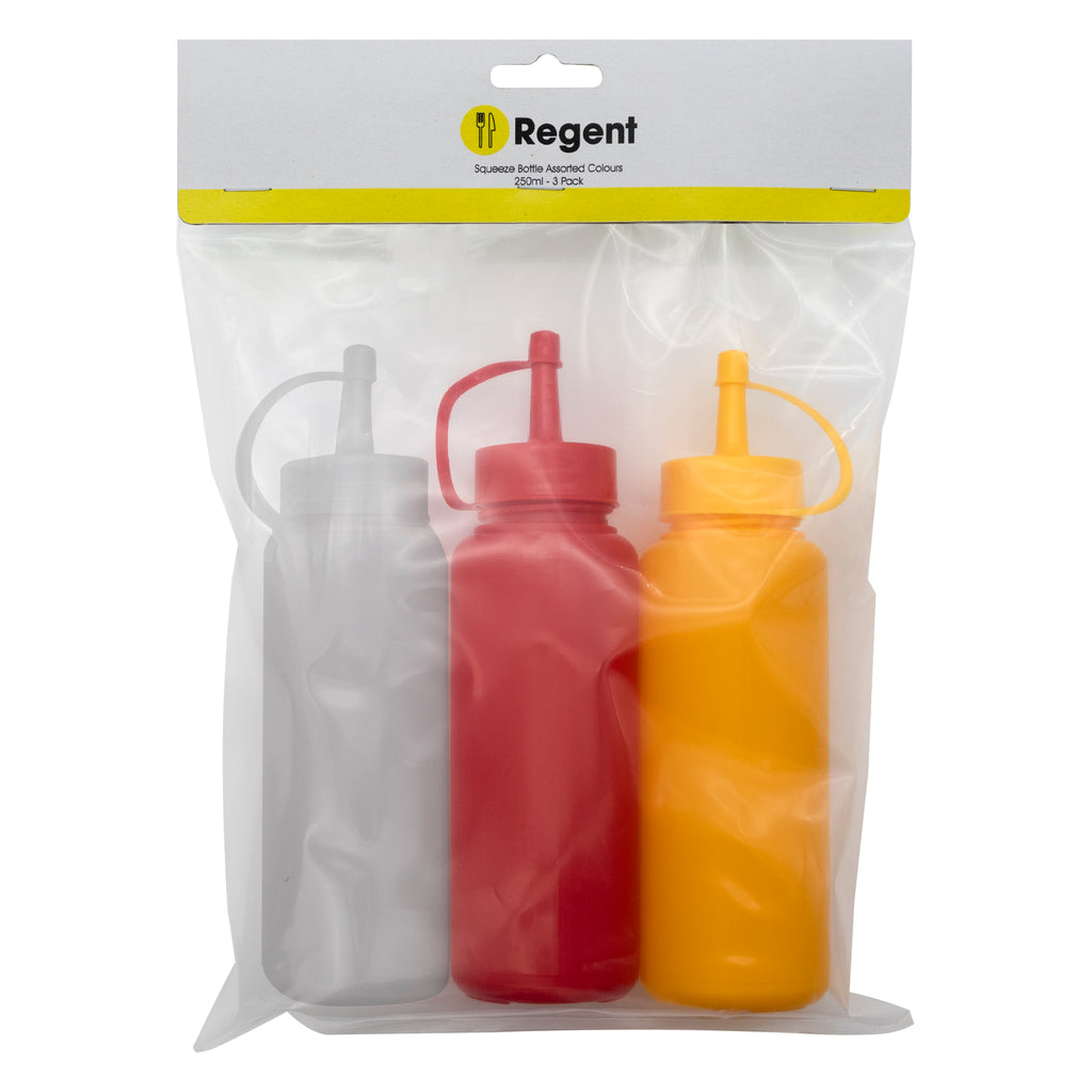 REGENT ROUND PLASTIC SAUCE BOTTLE ASST. COLOURS 3PK, 250ML