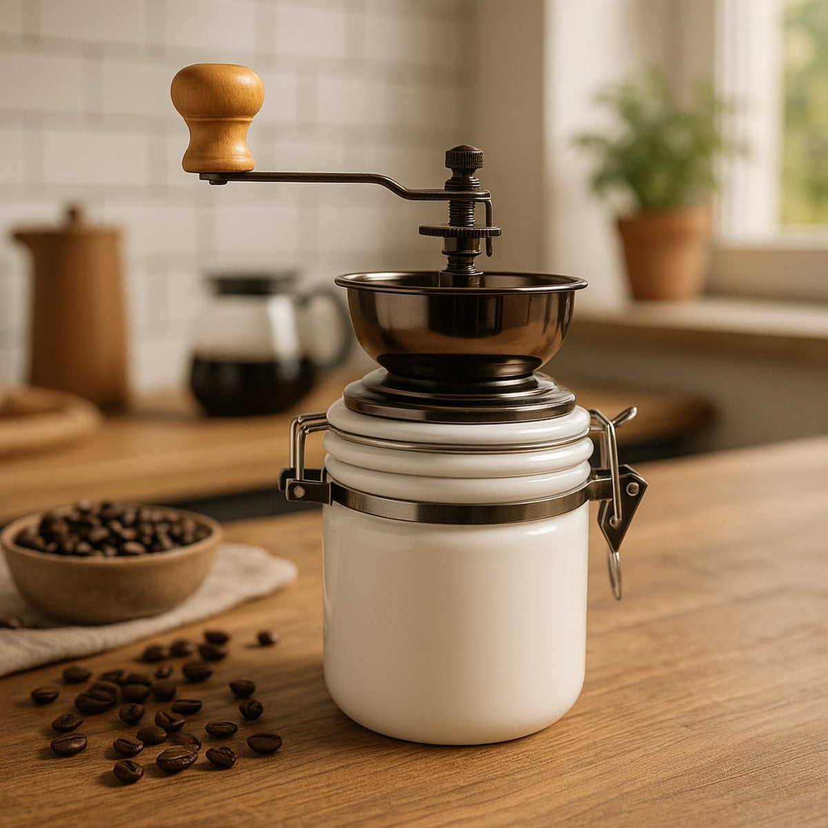 REGENT COFFEE GRINDER WITH WHITE CERAMIC HERMETIC STORAGE CANISTER, 250ML