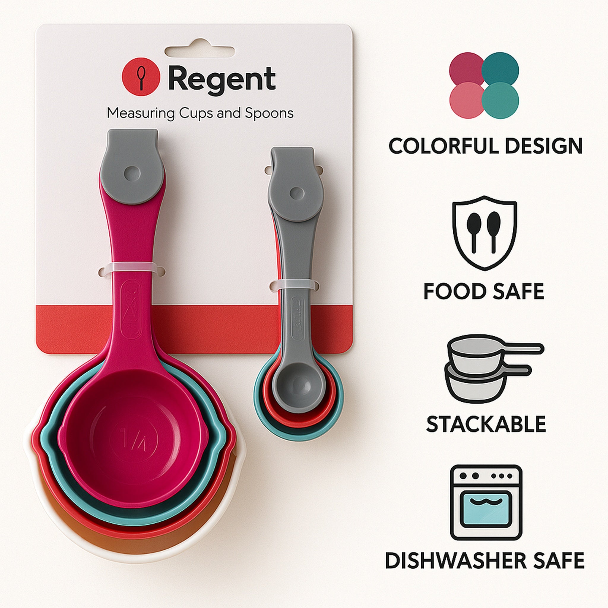 REGENT BAKEWARE MEASURING CUPS & SPOONS COLOURED PLASTIC 10PC SET
