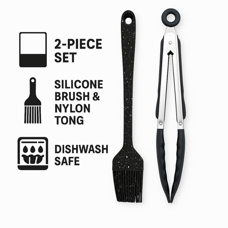 REGENT KITCHEN BASTING BRUSH & TONG NYLON AND STAINLESS STEEL 2PCE SET, 255MM l 265MM