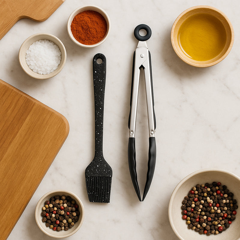 REGENT KITCHEN BASTING BRUSH & TONG NYLON AND STAINLESS STEEL 2PK SET, 255MM l 265MM