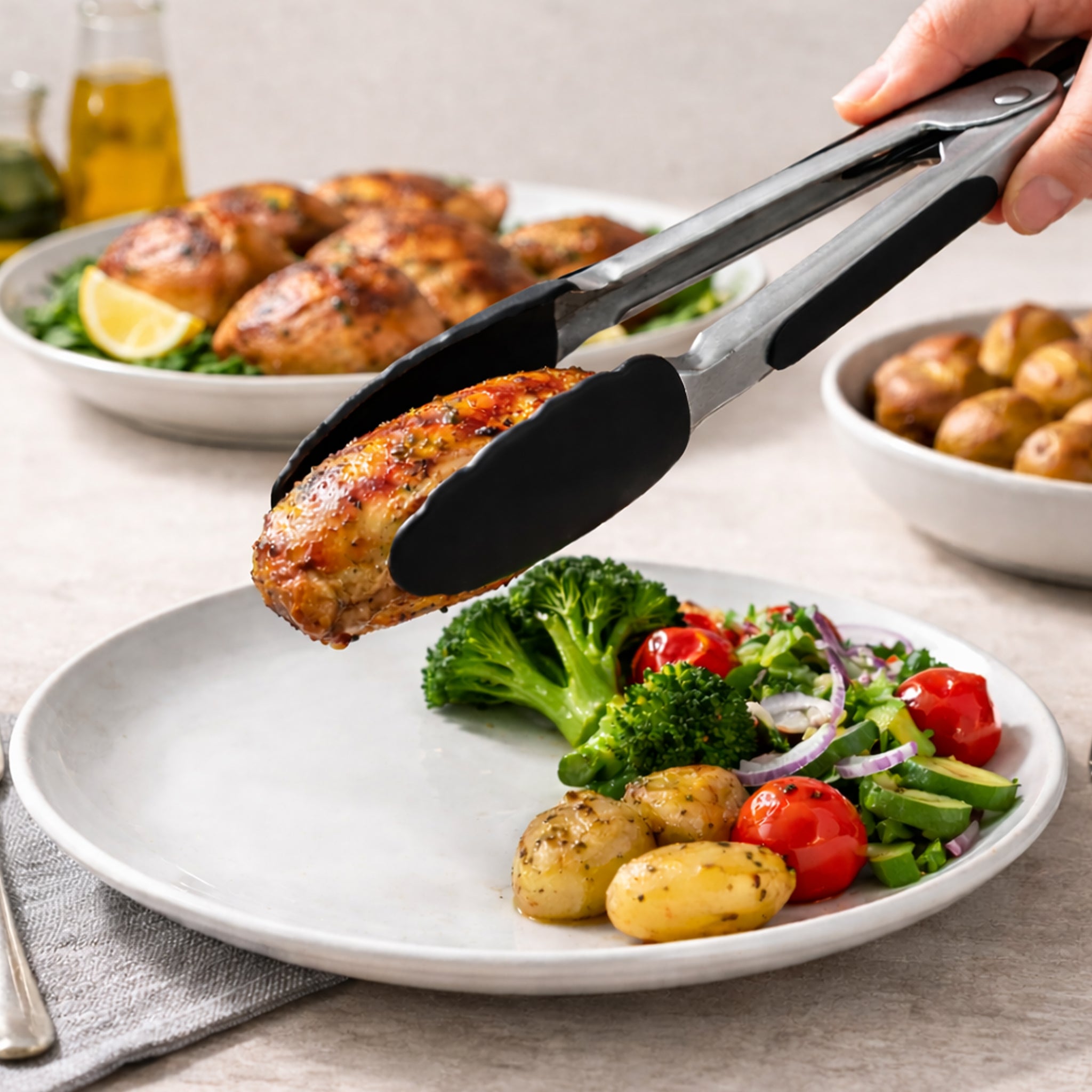 REGENT FOOD TONGS STAINLESS STEEL WITH BLACK SILICONE TIPS 2PK, 208MM