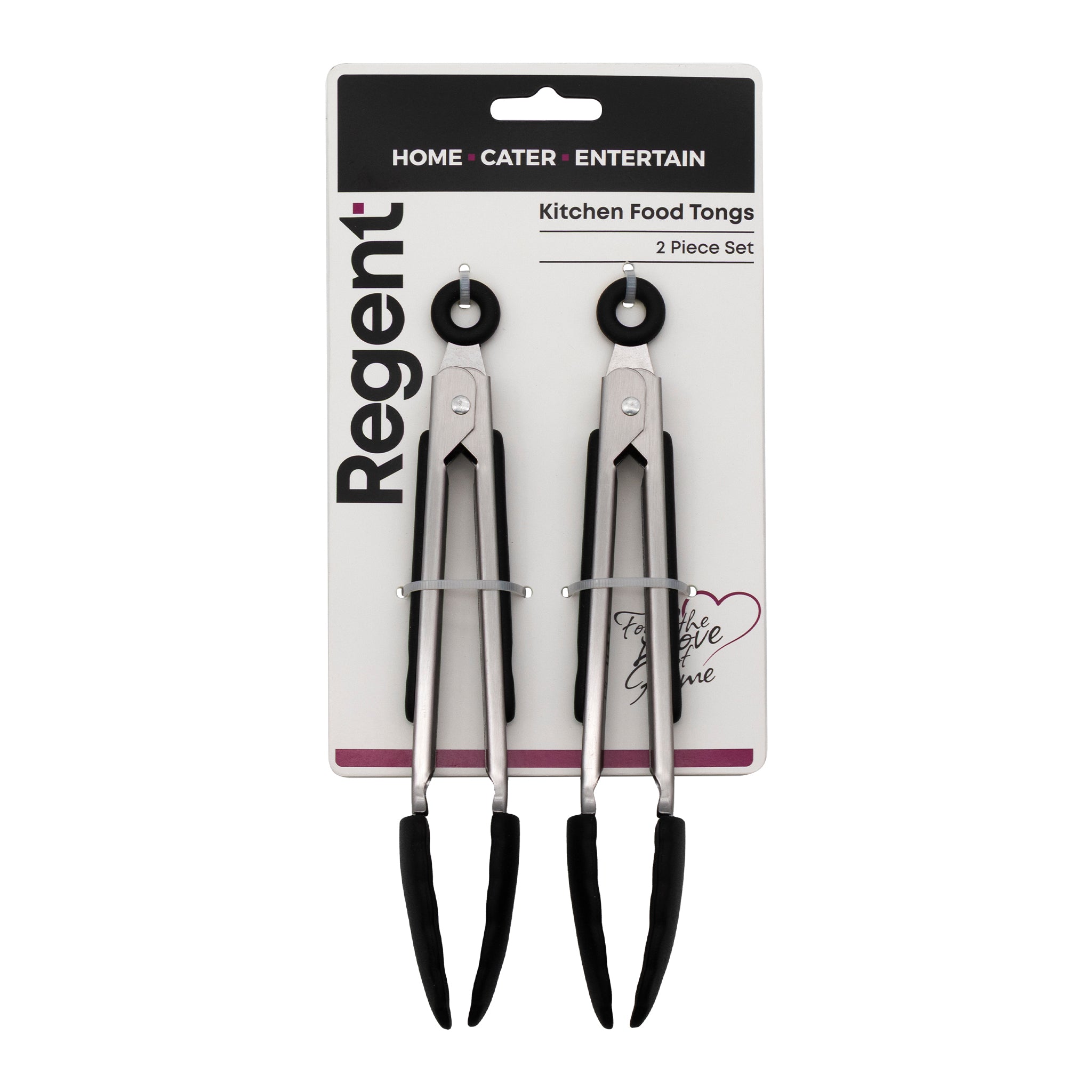 REGENT FOOD TONGS STAINLESS STEEL WITH BLACK SILICONE TIPS 2PK, 208MM