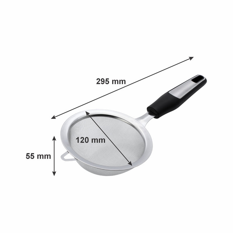 REGENT PREMIUM STRAINER STAINLESS STEEL WITH PP+SS BLACK HANDLE BLACK, 295MM
