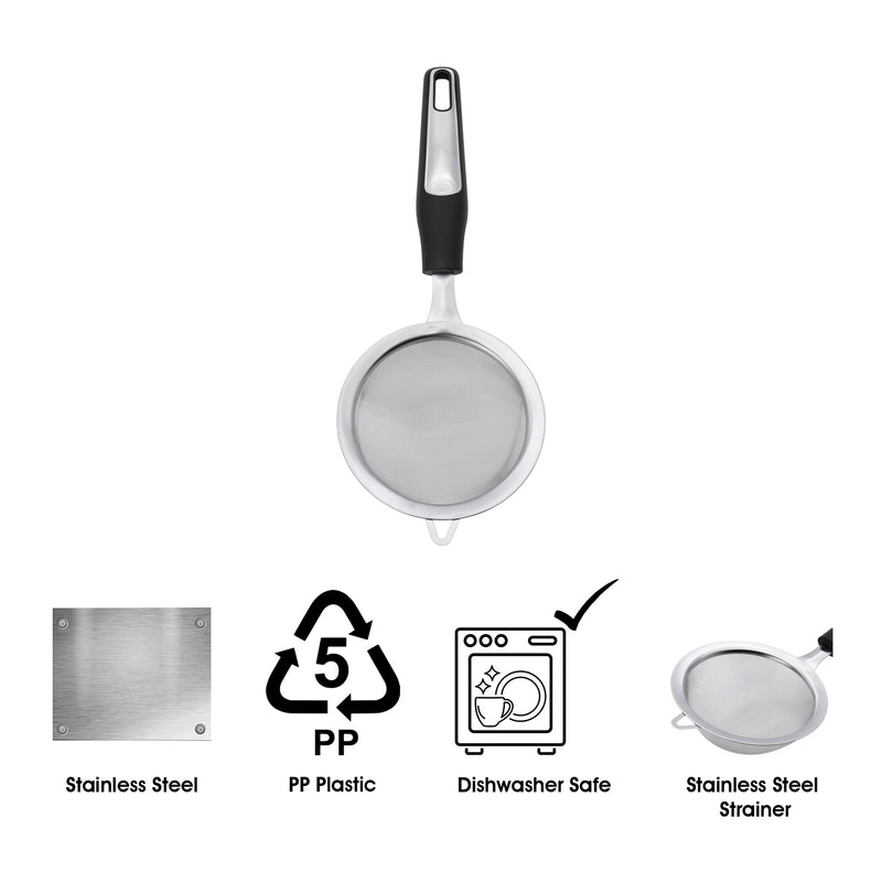 REGENT PREMIUM STRAINER STAINLESS STEEL WITH PP+SS BLACK HANDLE BLACK, 295MM