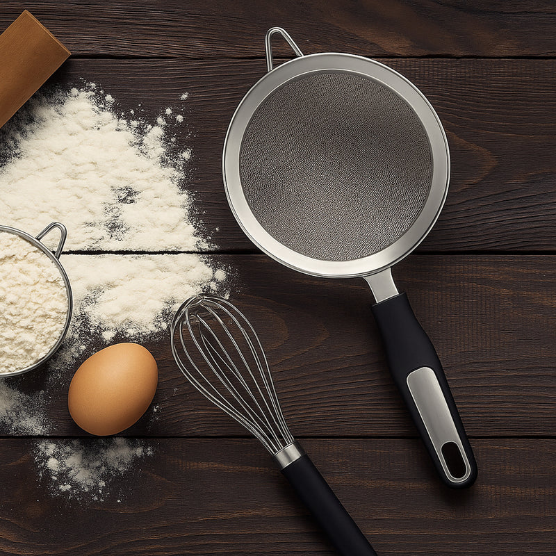 REGENT PREMIUM STRAINER STAINLESS STEEL WITH PP+SS BLACK HANDLE BLACK, 295MM