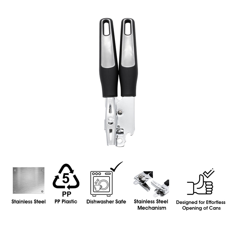 REGENT PREMIUM CAN OPENER STAINLESS STEEL WITH PP+SS BLACK HANDLES, 215MM