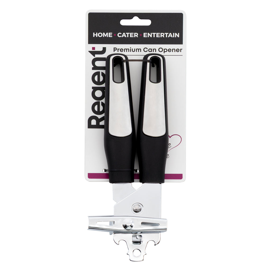 REGENT PREMIUM CAN OPENER STAINLESS STEEL WITH PP+SS BLACK HANDLES, 215MM