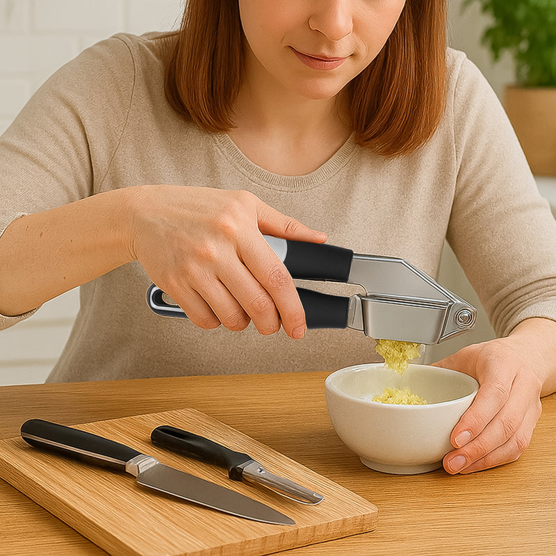 REGENT PREMIUM GARLIC PRESS STAINLESS STEEL WITH PP+SS BLACK HANDLES, 200MM