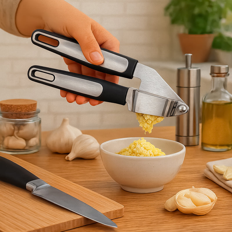 REGENT PREMIUM GARLIC PRESS STAINLESS STEEL WITH PP+SS BLACK HANDLES, 200MM