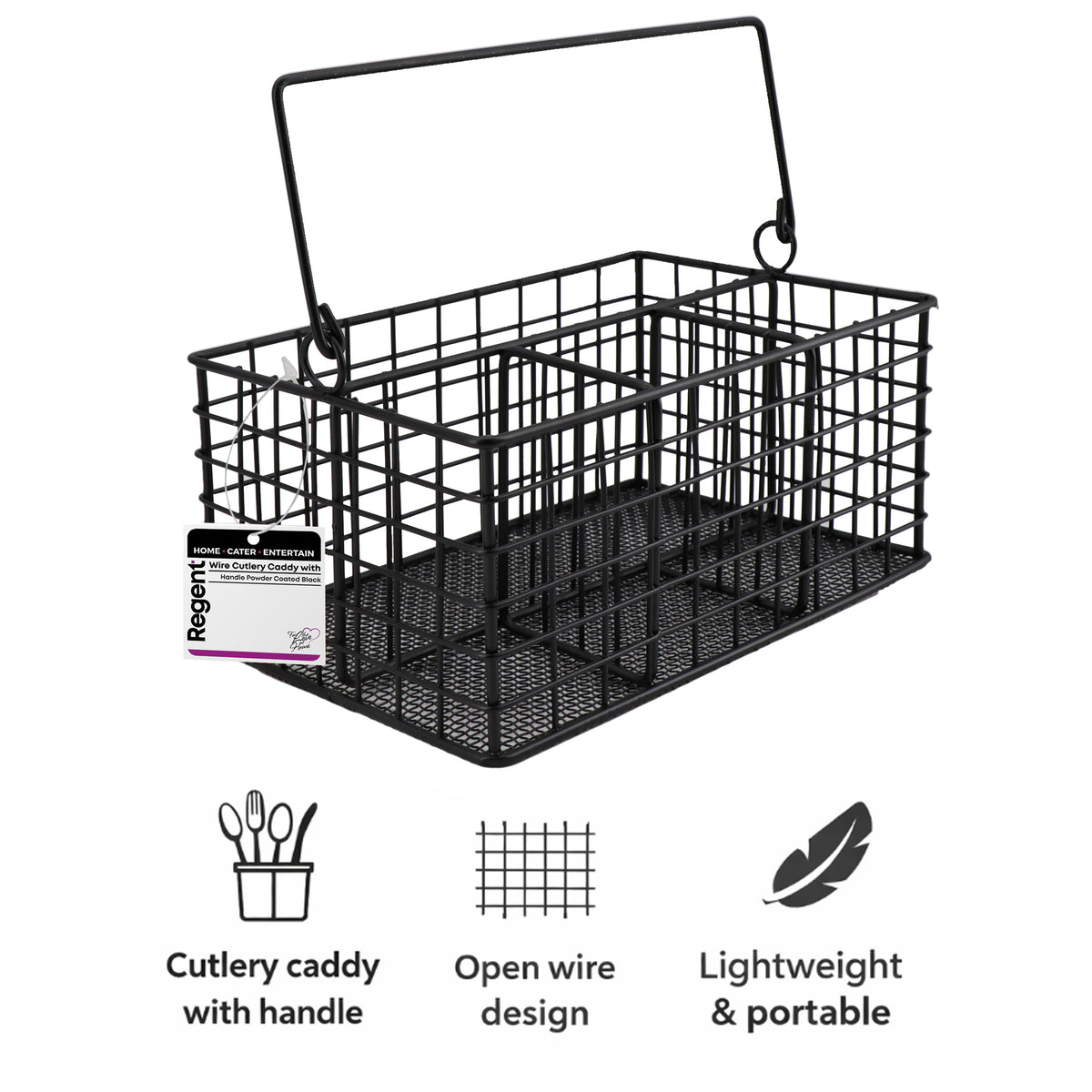 REGENT KITCHEN WIRE CUTLERY CADDY WITH HANDLE POWDER COATED BLACK
