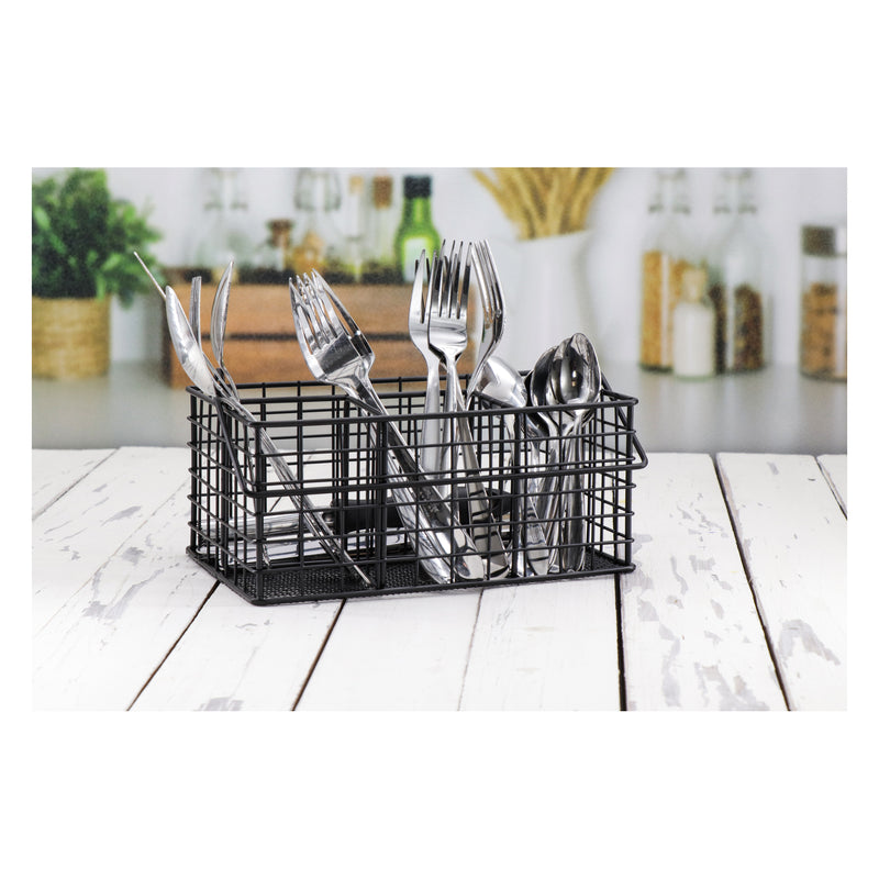 REGENT KITCHEN WIRE CUTLERY CADDY WITH HANDLE POWDER COATED BLACK, (230X145X100/200MM)