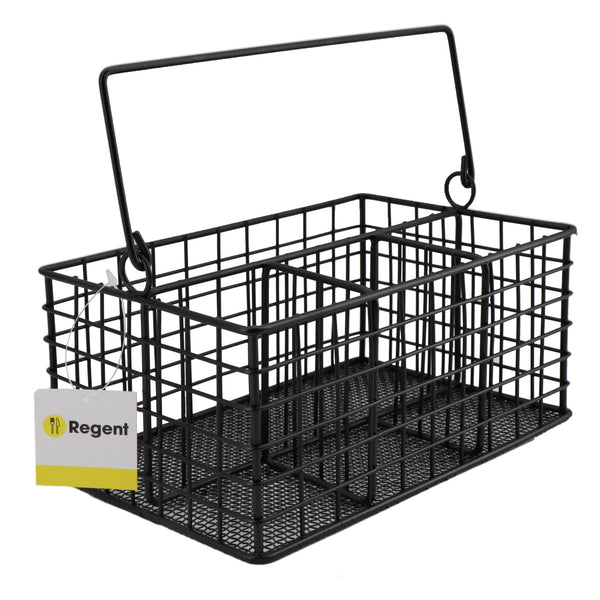 REGENT KITCHEN WIRE CUTLERY CADDY WITH HANDLE POWDER COATED BLACK, (230X145X100/200MM)