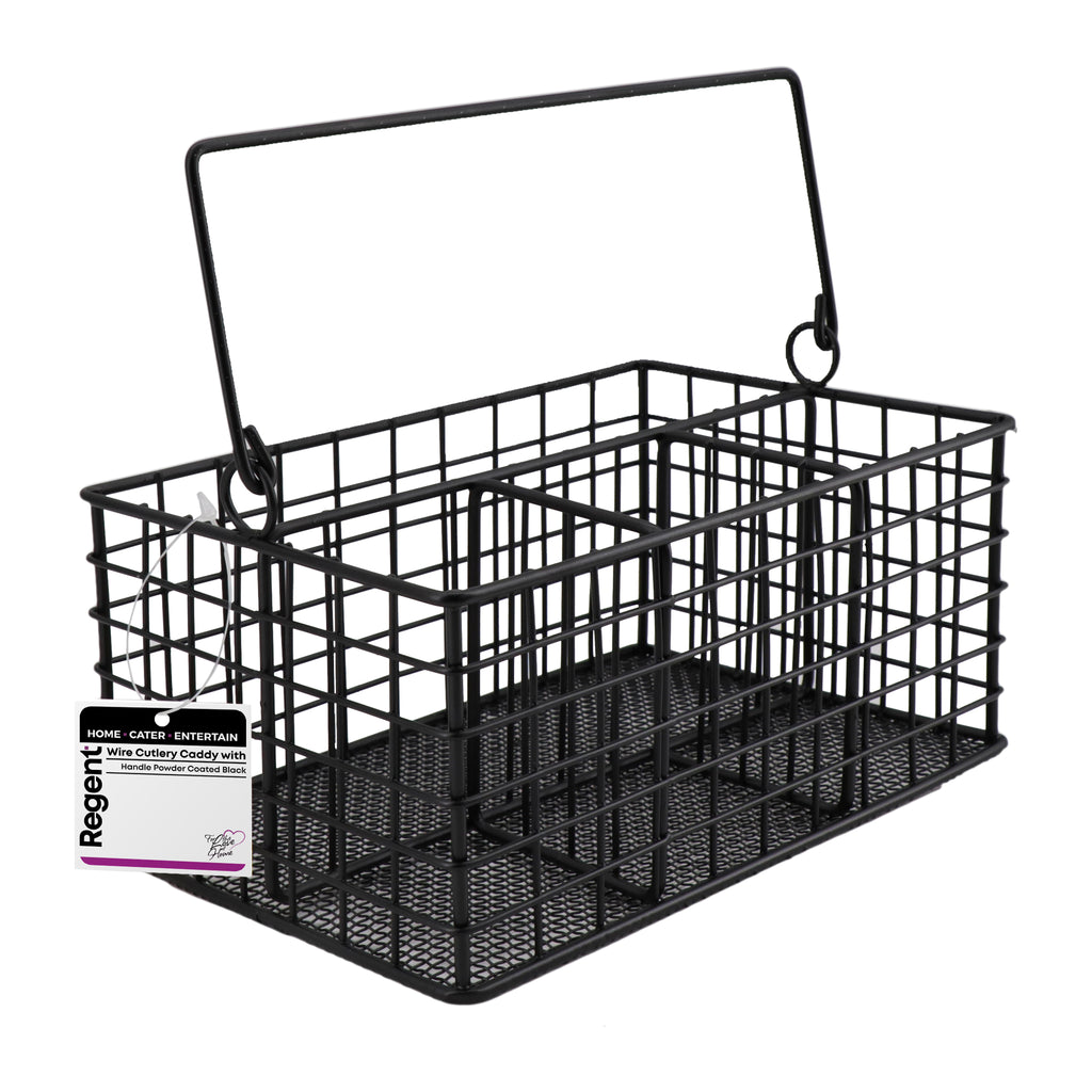 REGENT KITCHEN WIRE CUTLERY CADDY WITH HANDLE POWDER COATED BLACK