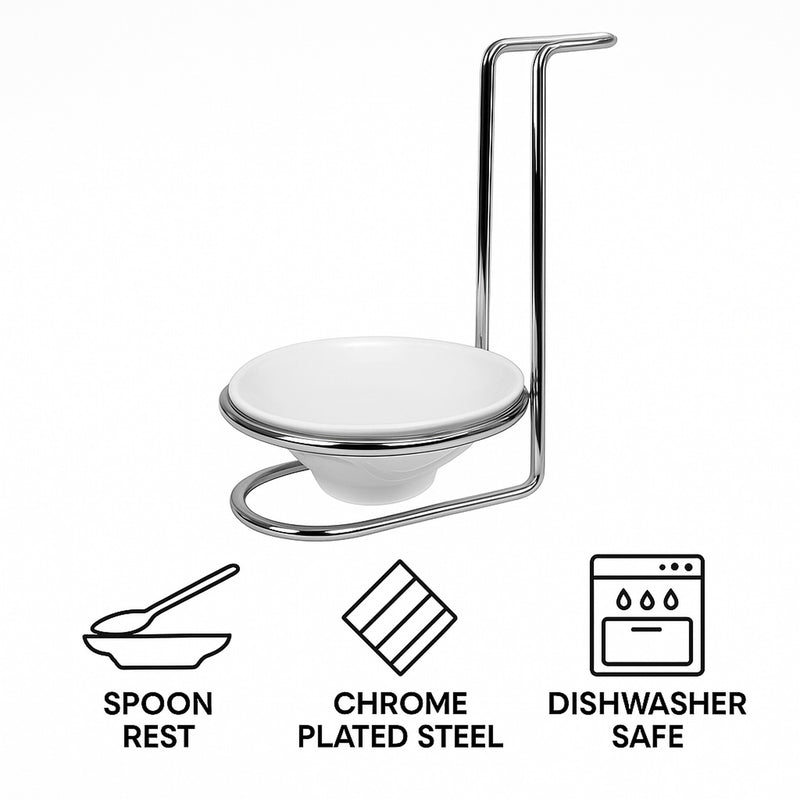 REGENT KITCHEN SPOON REST CHROME STAND WITH CERAMIC BOWL
