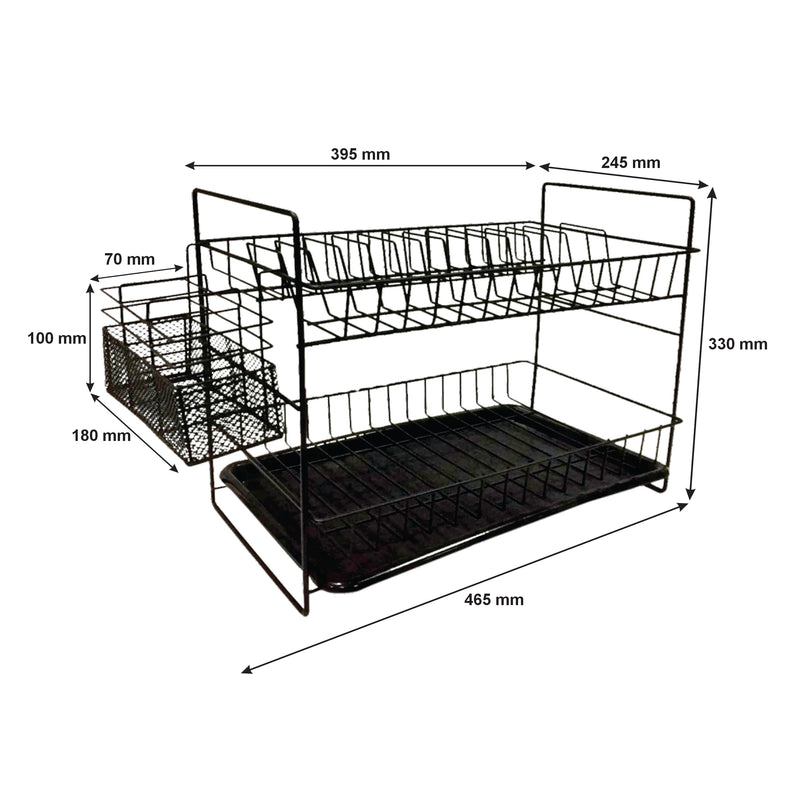 REGENT KITCHEN TWO TIER BLACK DISH DRYING RACK WITH TRAY & CUTLERY BASKET, (395X245X330MM)