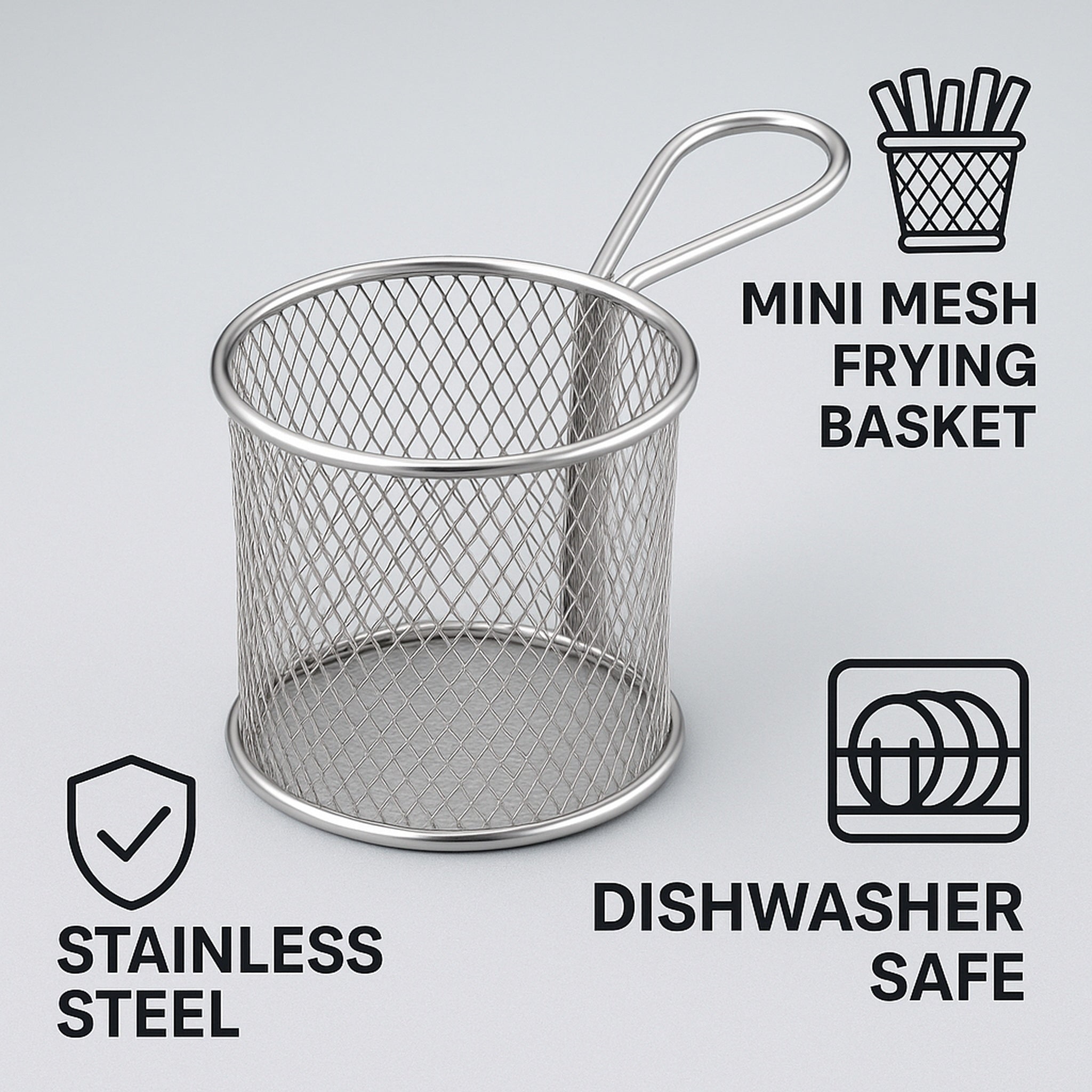 REGENT CHROME CHIP SERVER ROUND FRYER BASKET WITH HANDLE, 80MM DIA
