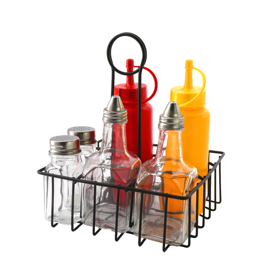 REGENT TABLE CONDIMENT HOLDER POWDER COATED BLACK WITH BOTTLES 7PK SET