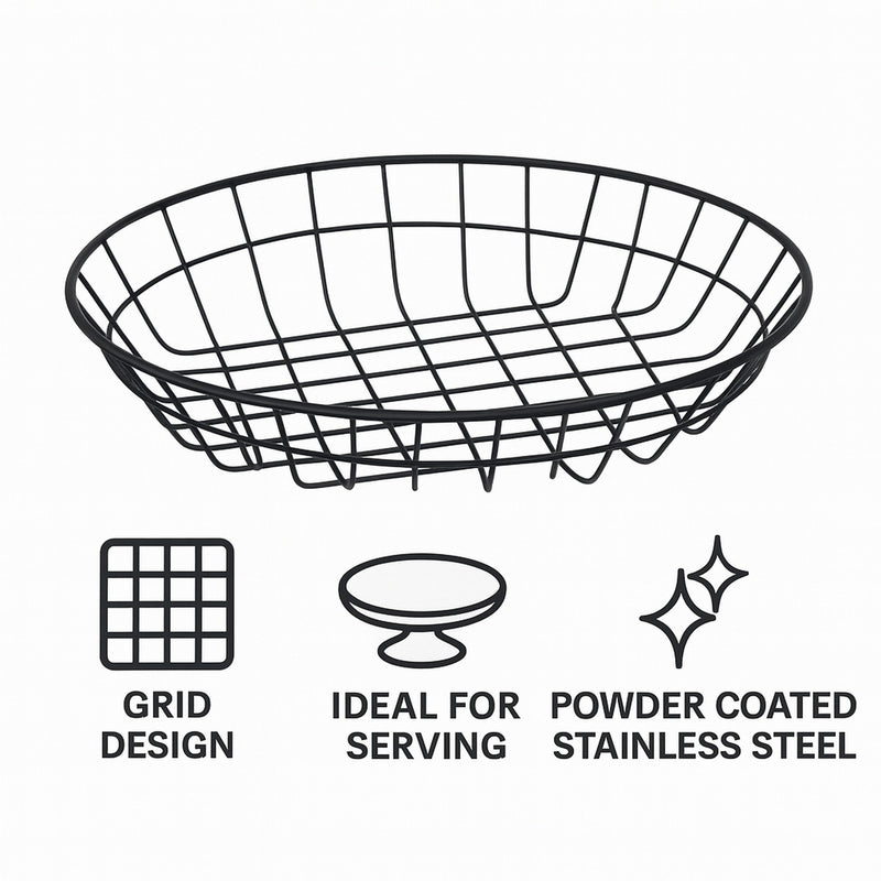 REGENT WIRE FOOD SERVING BASKET ROUND POWDER COATED BLACK, 255MM DIA