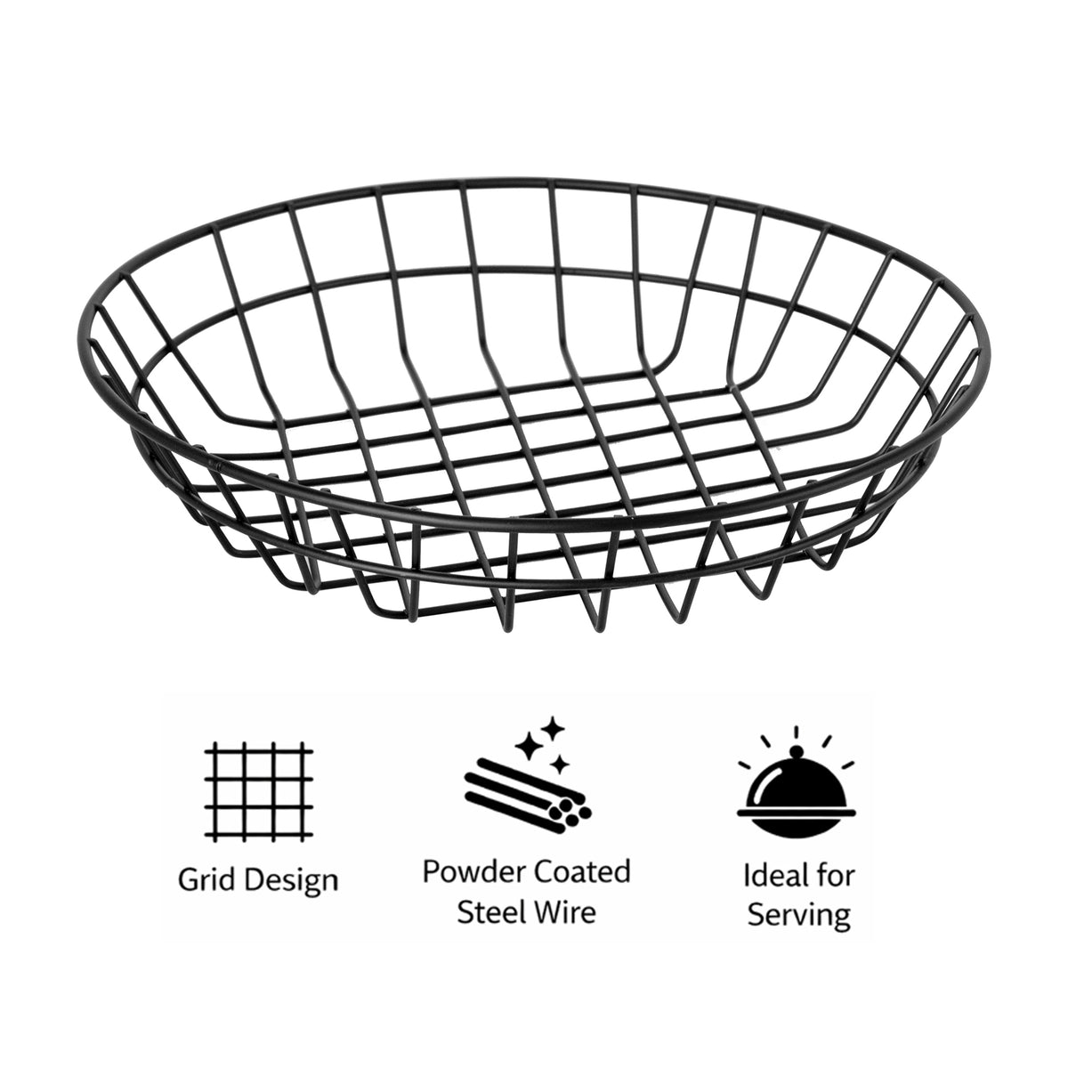 REGENT WIRE FOOD SERVING BASKET ROUND POWDER COATED BLACK, 255MM DIA