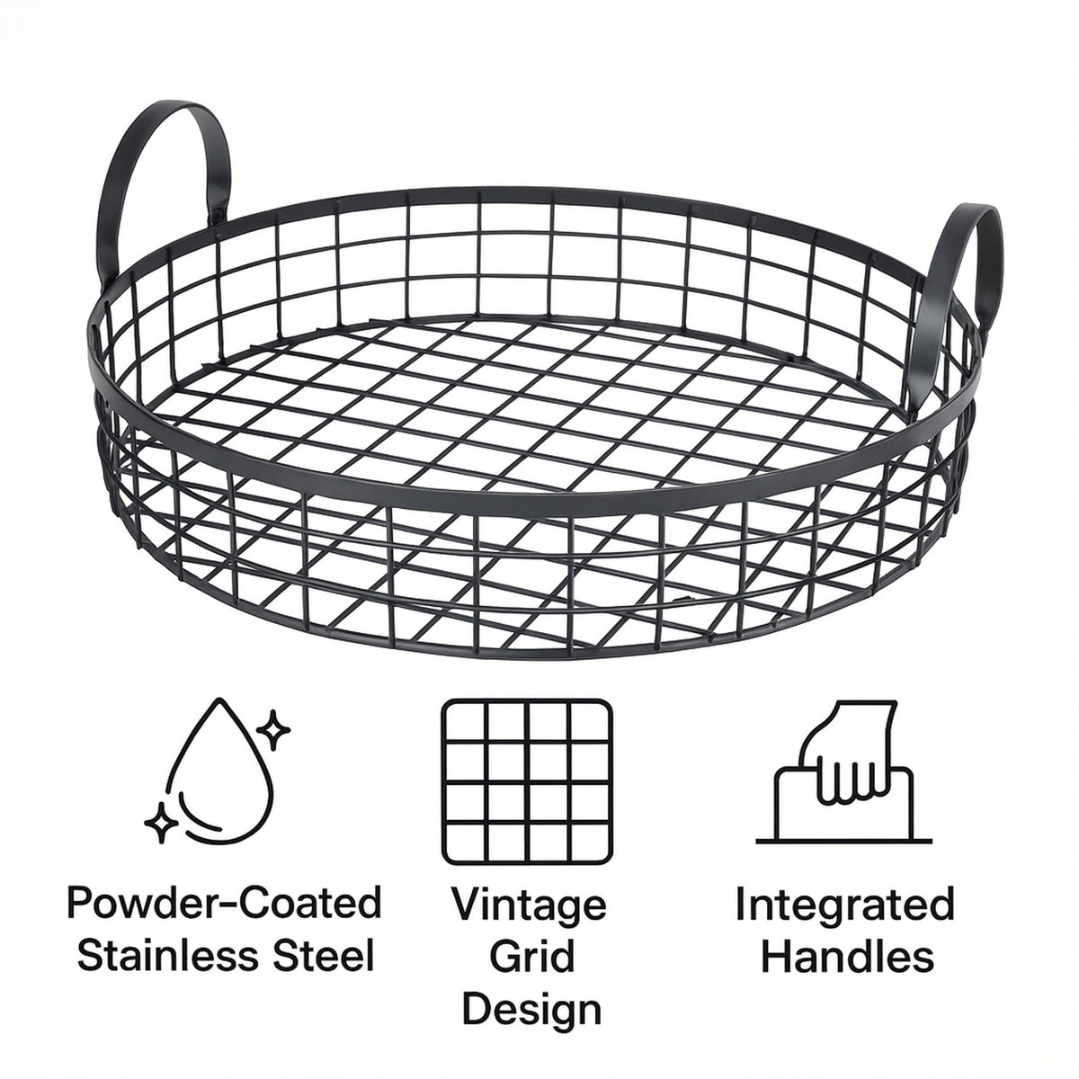REGENT KITCHEN VINTAGE ROUND WIRE GRID TRAY WITH HANDLES POWDER COATED BLACK, 360MM DIA