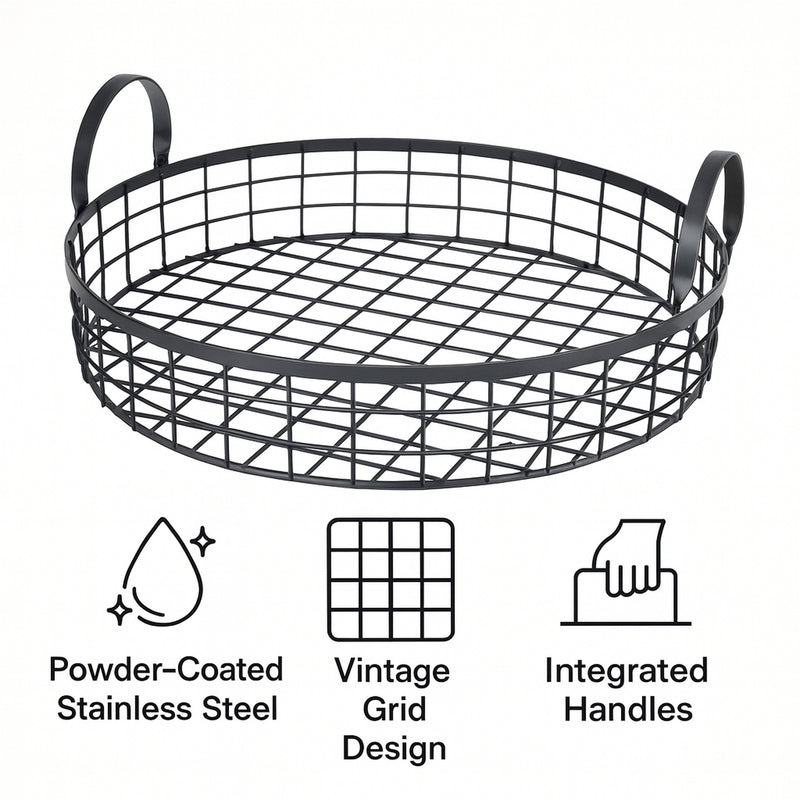 REGENT KITCHEN VINTAGE ROUND WIRE GRID TRAY WITH HANDLES POWDER COATED BLACK, (360MM DIA)