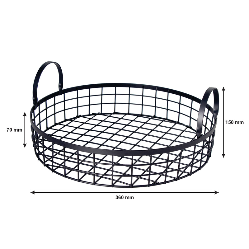 REGENT KITCHEN VINTAGE ROUND WIRE GRID TRAY WITH HANDLES POWDER COATED BLACK, (360MM DIAX70MM)